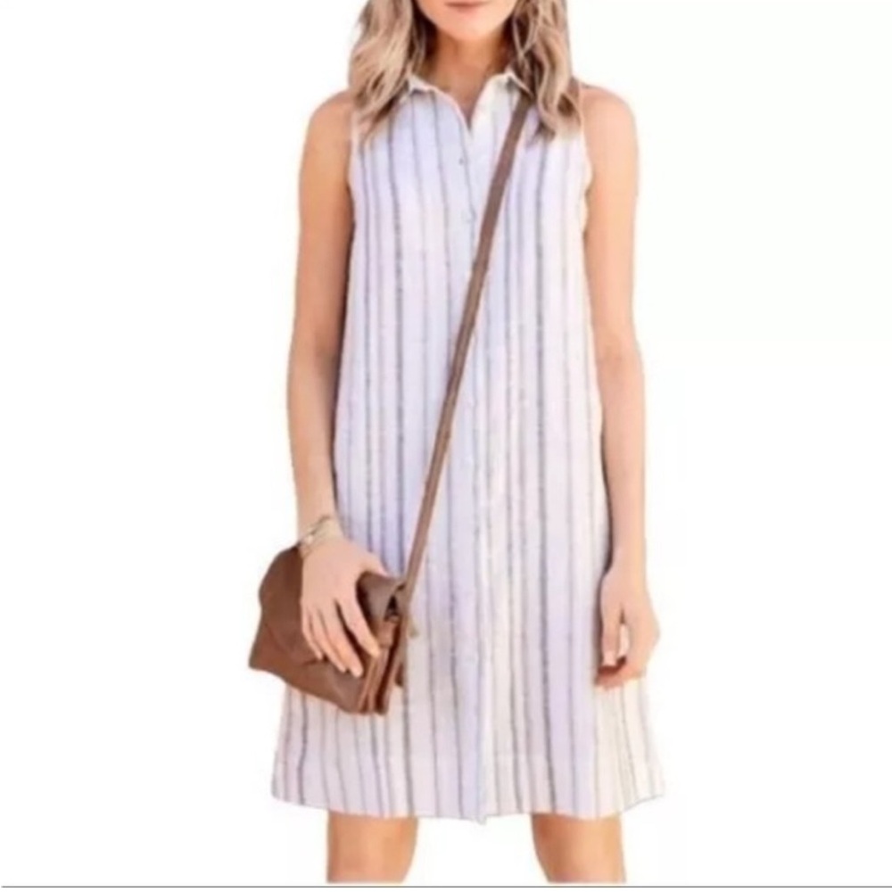 Garnet Hill Sleeveless Striped Linen Shirt Dress Sz 16 Beach Summer Cover Up EUC